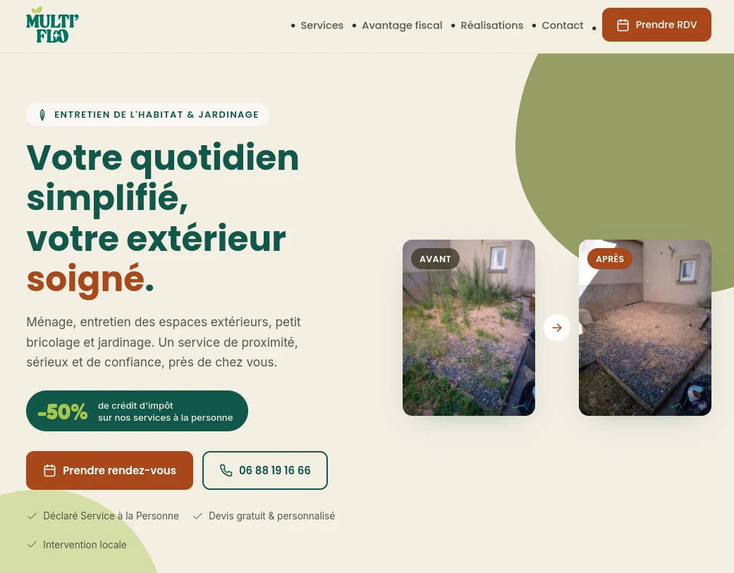 Page d'accueil du site vitrine MULTI'FLO (services à la personne, Lyon), version ordinateur