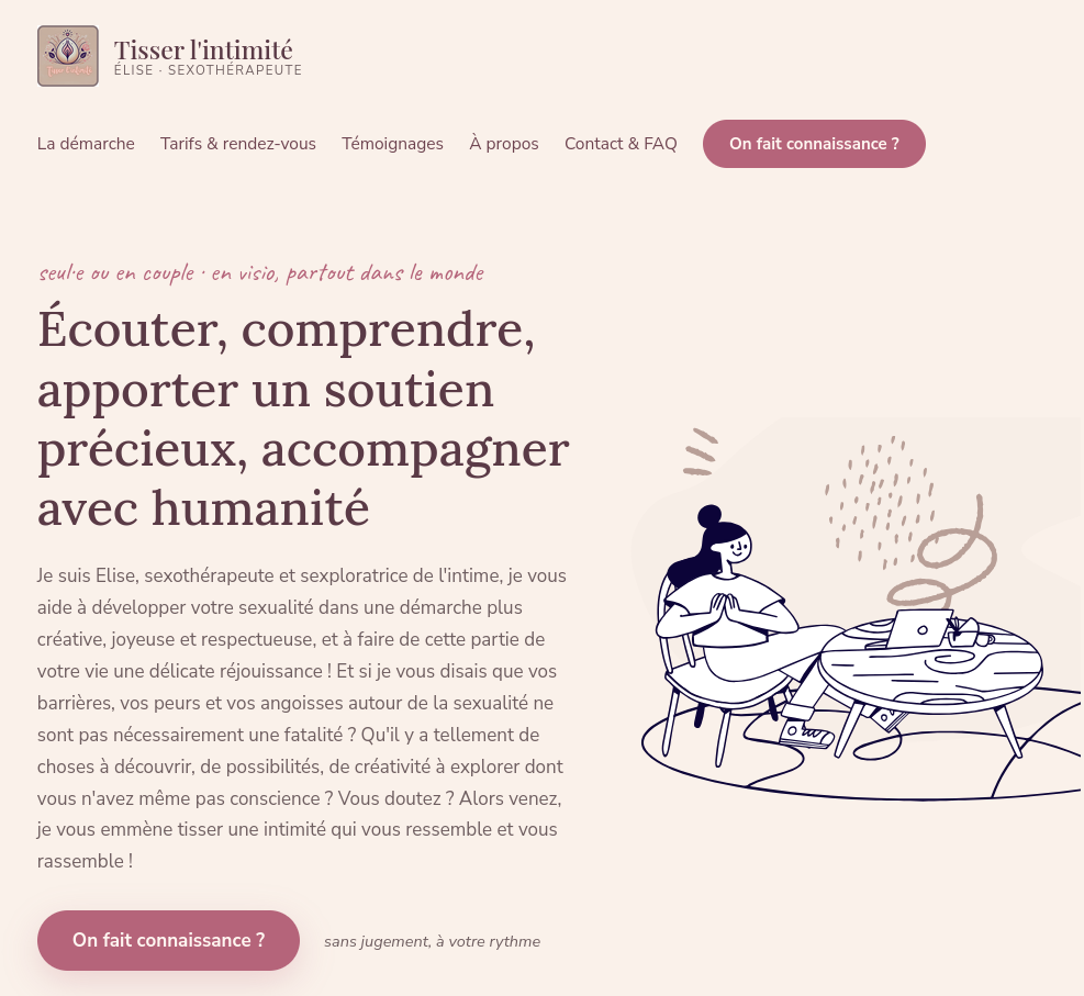 Page d'accueil du site de Tisser L'Intimité (thérapeute, prise de rendez-vous en ligne), version ordinateur